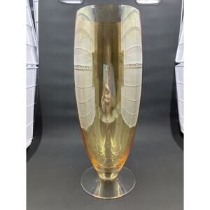 Vtg Empoli Italian Amber Iridescent Blown Glass Vase Footed MCM Mid Century 10"